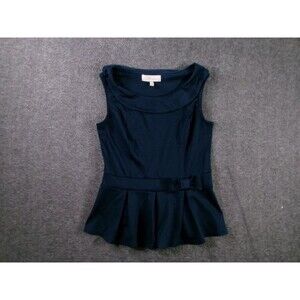 Monteau Top Womens M Navy Sleeveless Peplum Bow Pleated Waist Stretch